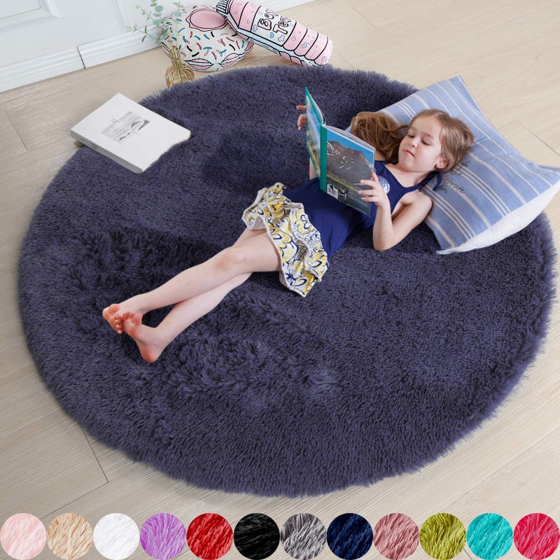 Amdrebio Purple Gray Round Rugs 5Ft for Bedroom Decor Aesthetic, Fluffy Fuzzy Circle Area Rug for Teen Boys, Baby Kids Playroom, Shaggy Fur Carpet for Living Room, Home Office, Nursery, Preppy Dorm, Classroom - Image 1